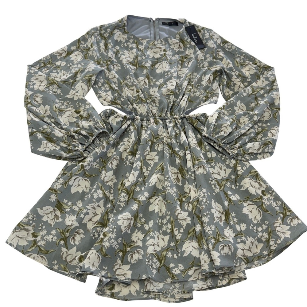 Lulus Dress Women Medium First Blooms Dusty Blue Floral Print Long Sleeve Cutout - Picture 4 of 13